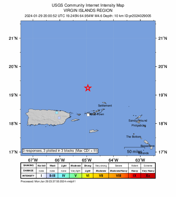 USGS DYFI community-reported intensity map for the M4.6 earthquake near 99 km N of Charlotte Amalie, U.S. Virgin Islands