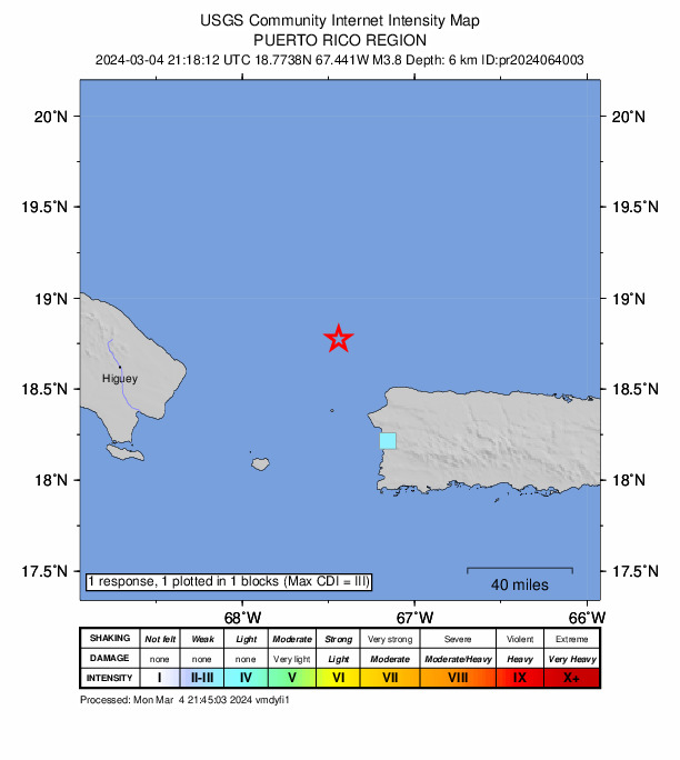 USGS DYFI community-reported intensity map for the M3.8 earthquake near 47 km NW of San Antonio, Puerto Rico