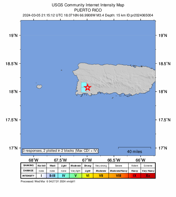 USGS DYFI community-reported intensity map for the M3.4 earthquake near 3 km WSW of Sabana Grande, Puerto Rico