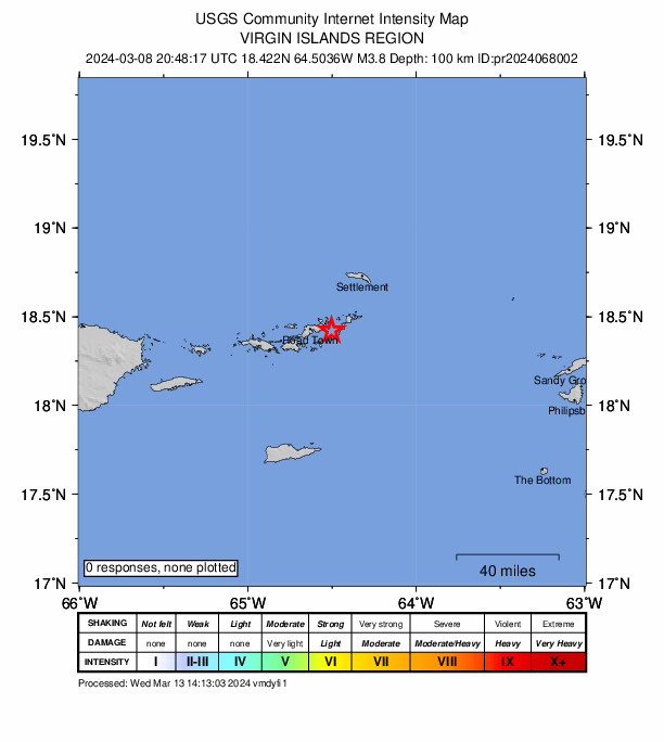 USGS DYFI community-reported intensity map for the M3.8 earthquake near 32 km ENE of Cruz Bay, U.S. Virgin Islands