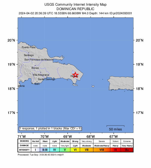 USGS DYFI community-reported intensity map for the M4.0 earthquake near 8 km SE of Salvaleón de Higüey, Dominican Republic