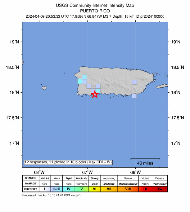 USGS DYFI community-reported intensity map for the M3.7 earthquake near 4 km SW of Indios, Puerto Rico