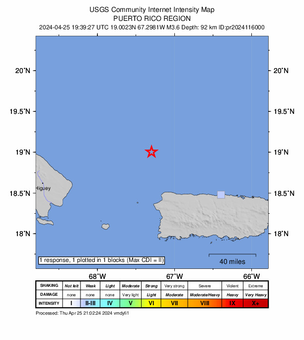 USGS DYFI community-reported intensity map for the M3.6 earthquake near 60 km NNW of San Antonio, Puerto Rico