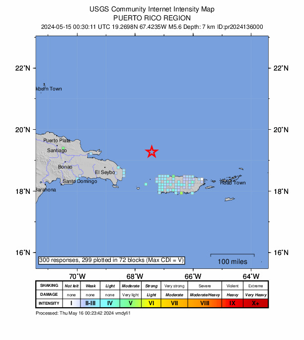 USGS DYFI community-reported intensity map for the M5.6 earthquake near 92 km NNW of San Antonio, Puerto Rico