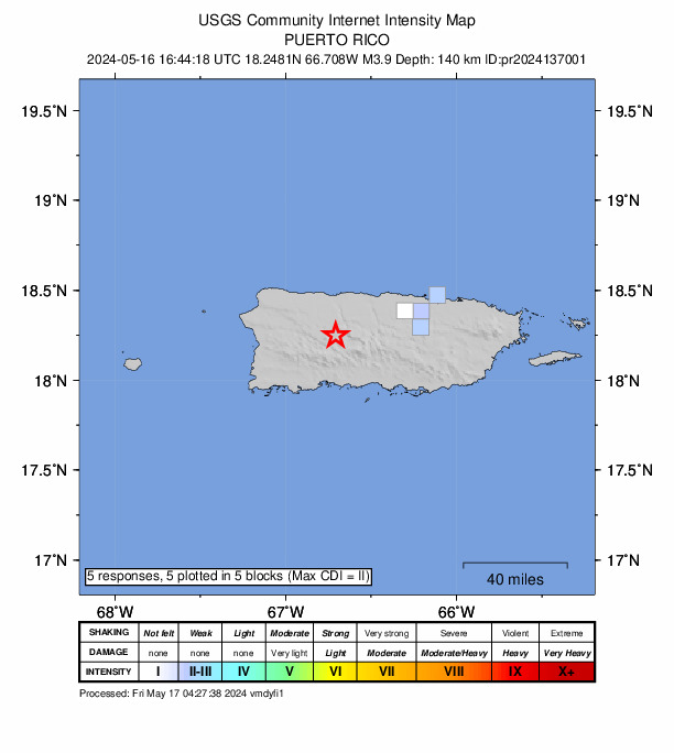 USGS DYFI community-reported intensity map for the M3.9 earthquake near 2 km SSW of Utuado, Puerto Rico