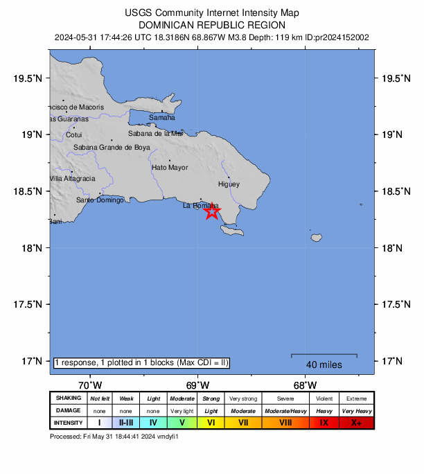 USGS DYFI community-reported intensity map for the M3.8 earthquake near 16 km SE of La Romana, Dominican Republic