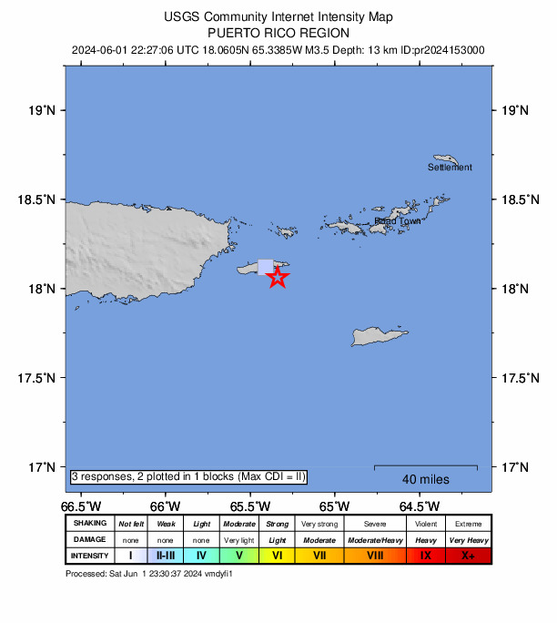 USGS DYFI community-reported intensity map for the M3.5 earthquake near 14 km ESE of Esperanza, Puerto Rico