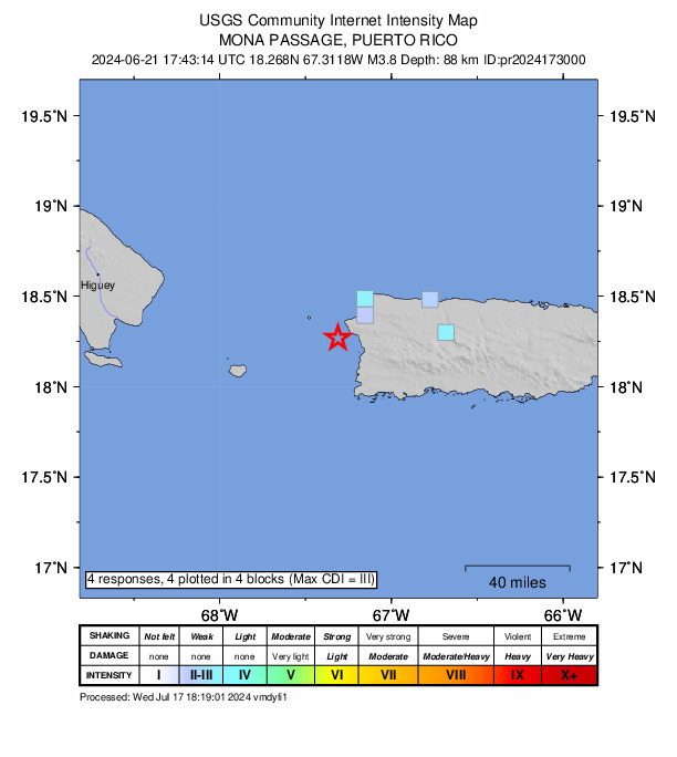 USGS DYFI community-reported intensity map for the M3.8 earthquake near 9 km SW of Stella, Puerto Rico