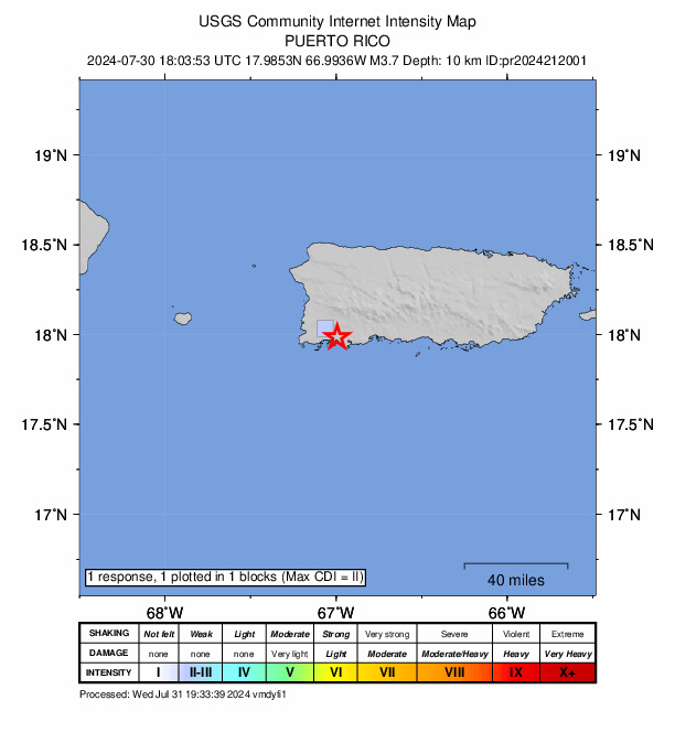 USGS DYFI community-reported intensity map for the M3.7 earthquake near 5 km ENE of La Parguera, Puerto Rico