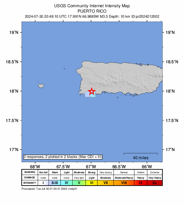 USGS DYFI community-reported intensity map for the M3.5 earthquake near 6 km ENE of La Parguera, Puerto Rico