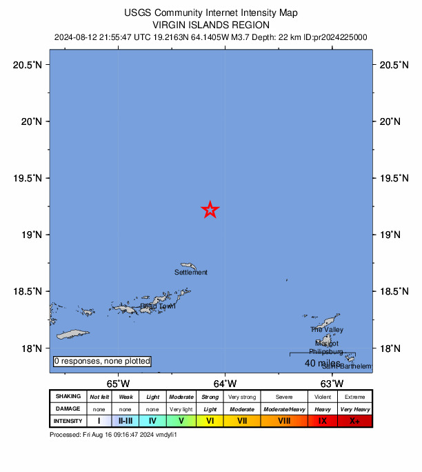 USGS DYFI community-reported intensity map for the M3.7 earthquake near 119 km NE of Cruz Bay, U.S. Virgin Islands