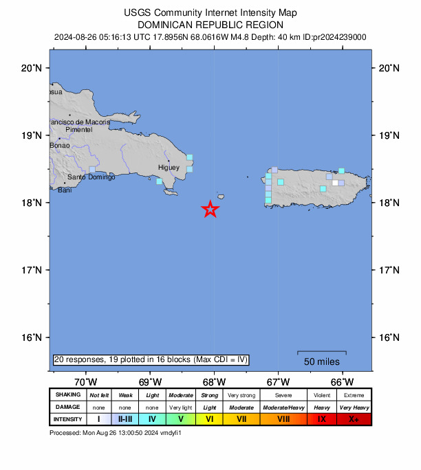 USGS DYFI community-reported intensity map for the M4.8 earthquake near 78 km SE of Boca de Yuma, Dominican Republic