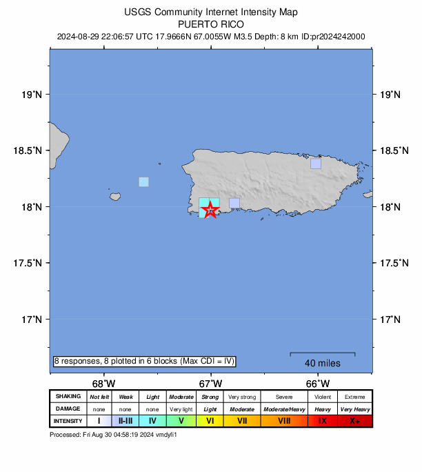 USGS DYFI community-reported intensity map for the M3.5 earthquake near 4 km ESE of La Parguera, Puerto Rico