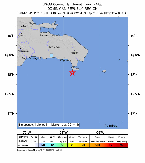 USGS DYFI community-reported intensity map for the M3.9 earthquake near 39 km SSW of Boca de Yuma, Dominican Republic