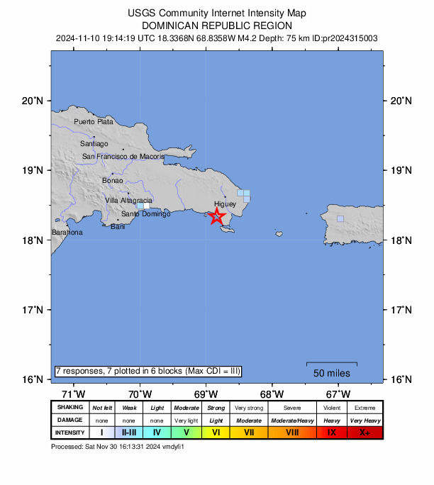 USGS DYFI community-reported intensity map for the M4.2 earthquake near 17 km SE of La Romana, Dominican Republic