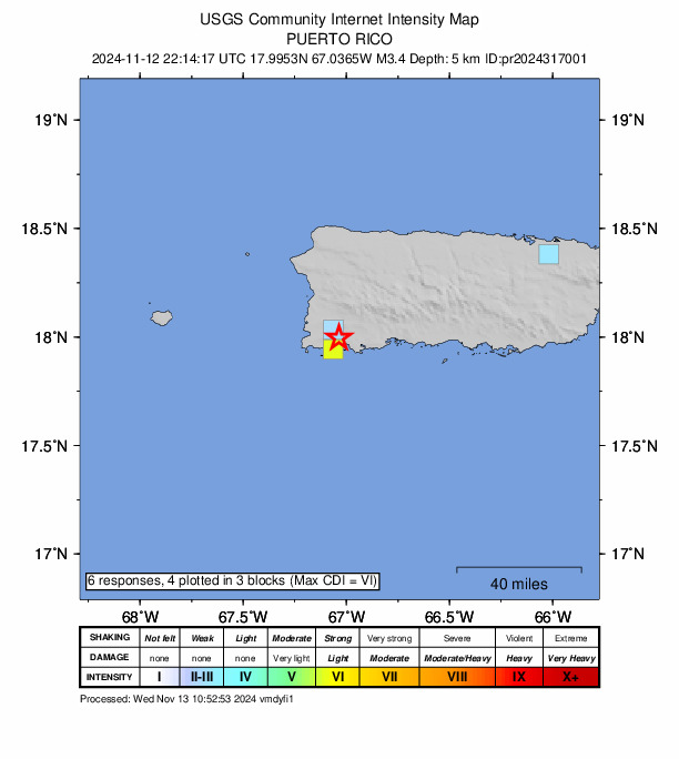 USGS DYFI community-reported intensity map for the M3.4 earthquake near 2 km NNE of La Parguera, Puerto Rico
