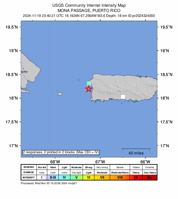 USGS DYFI community-reported intensity map for the M3.6 earthquake near 12 km W of Mayagüez, Puerto Rico