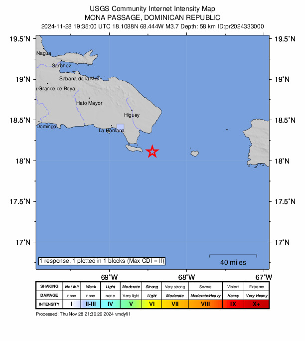 USGS DYFI community-reported intensity map for the M3.7 earthquake near 34 km SSE of Boca de Yuma, Dominican Republic