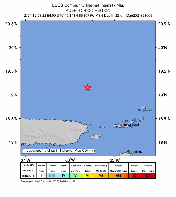 USGS DYFI community-reported intensity map for the M3.5 earthquake near 83 km NNE of Vieques, Puerto Rico