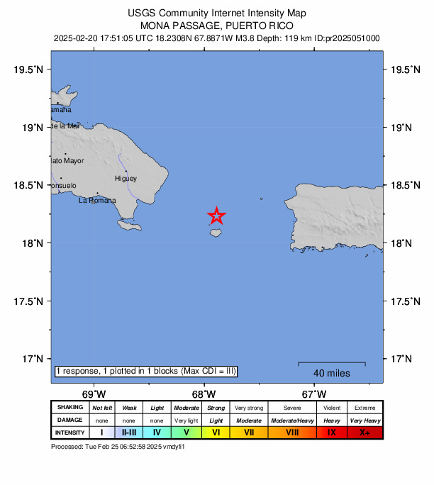 USGS DYFI community-reported intensity map for the M3.8 earthquake near 67 km SE of Punta Cana, Dominican Republic