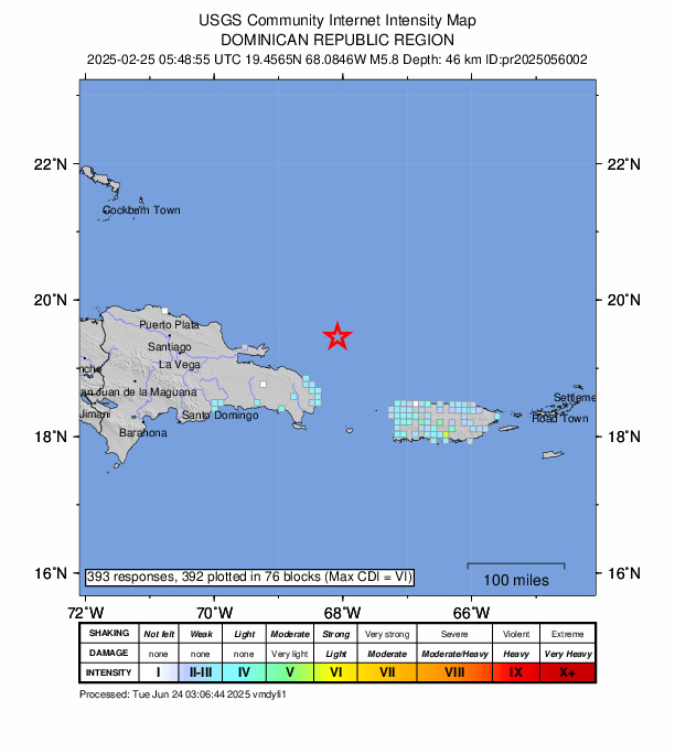 USGS DYFI community-reported intensity map for the M5.8 earthquake near 102 km NNE of Punta Cana, Dominican Republic