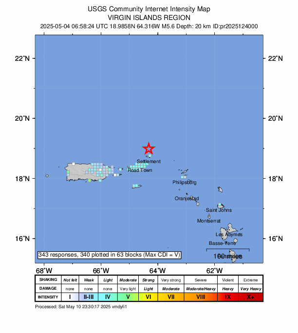USGS DYFI community-reported intensity map for the M5.6 earthquake near 88 km NE of Cruz Bay, U.S. Virgin Islands
