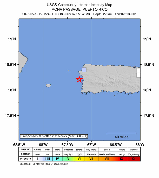 USGS DYFI community-reported intensity map for the M3.3 earthquake near 11 km SW of La Playa, Puerto Rico