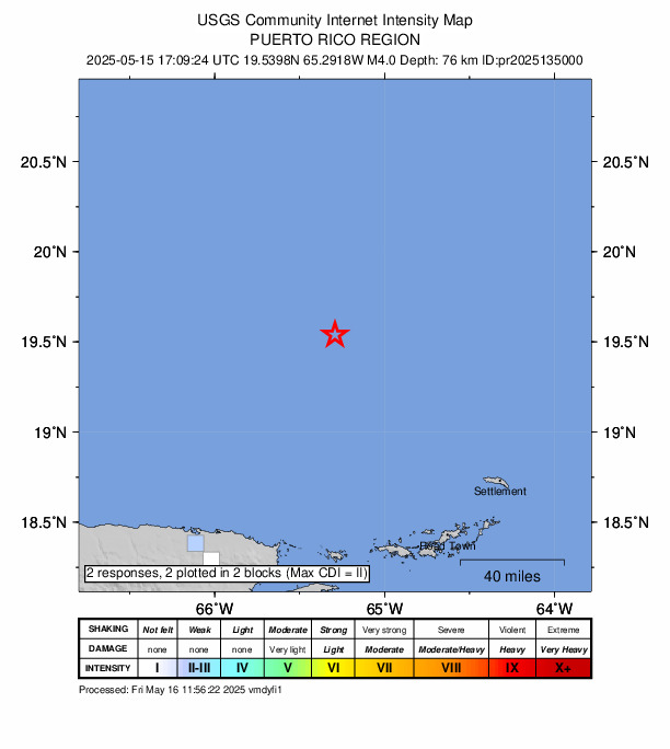USGS DYFI community-reported intensity map for the M4.0 earthquake near 135 km NNE of Vieques, Puerto Rico