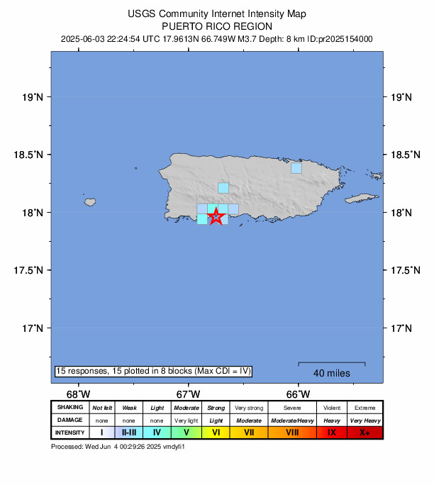 USGS DYFI community-reported intensity map for the M3.7 earthquake near 5 km SW of Tallaboa, Puerto Rico