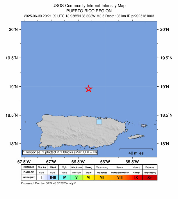 USGS DYFI community-reported intensity map for the M3.5 earthquake near 54 km N of Brenas, Puerto Rico
