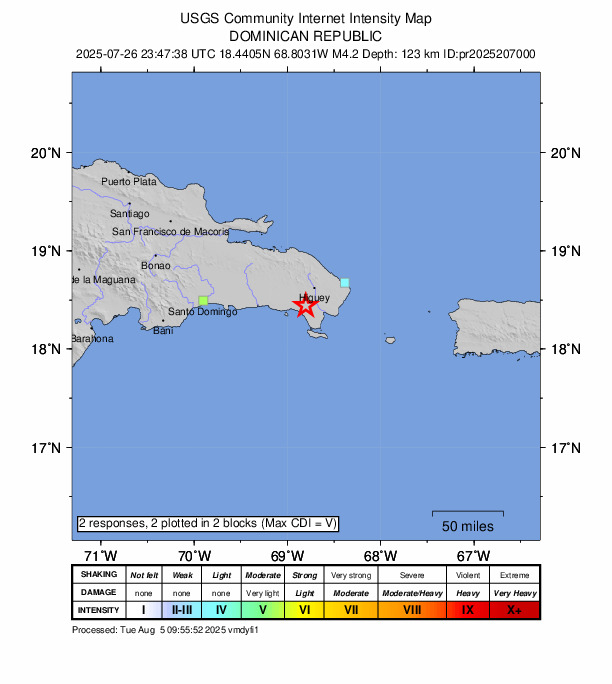 USGS DYFI community-reported intensity map for the M4.2 earthquake near 13 km W of San Rafael del Yuma, Dominican Republic