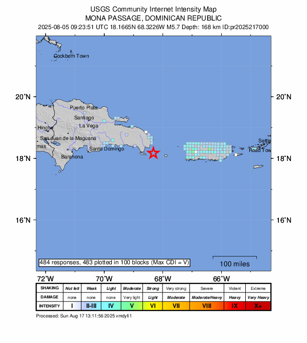 USGS DYFI community-reported intensity map for the M5.7 earthquake near 38 km SE of Boca de Yuma, Dominican Republic