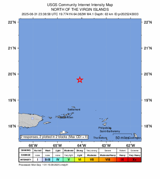 USGS DYFI community-reported intensity map for the M4.1 earthquake near 176 km NNE of Cruz Bay, U.S. Virgin Islands