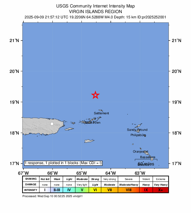 USGS DYFI community-reported intensity map for the M4.0 earthquake near 102 km NNE of Cruz Bay, U.S. Virgin Islands