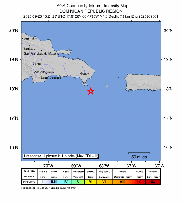 USGS DYFI community-reported intensity map for the M4.3 earthquake near 53 km SSE of Boca de Yuma, Dominican Republic