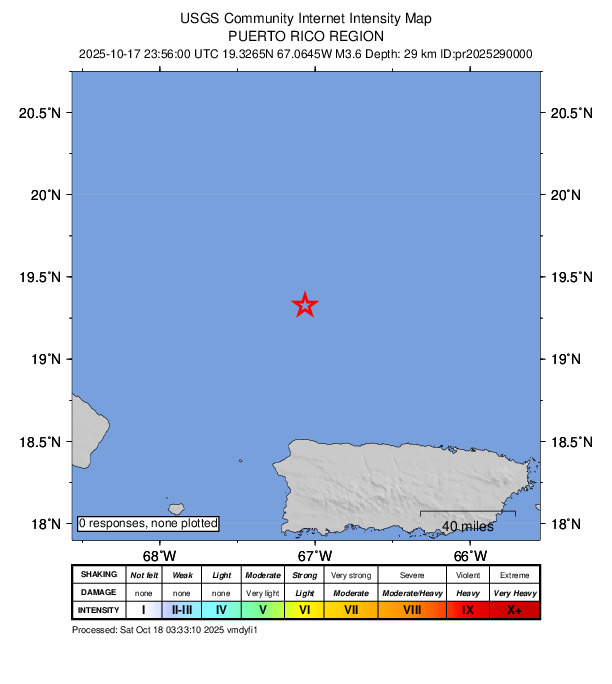 USGS DYFI community-reported intensity map for the M3.6 earthquake near 91 km N of Isabela, Puerto Rico