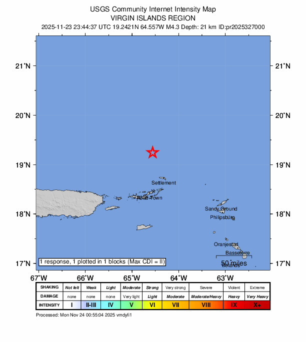USGS DYFI community-reported intensity map for the M4.3 earthquake near 103 km NNE of Cruz Bay, U.S. Virgin Islands