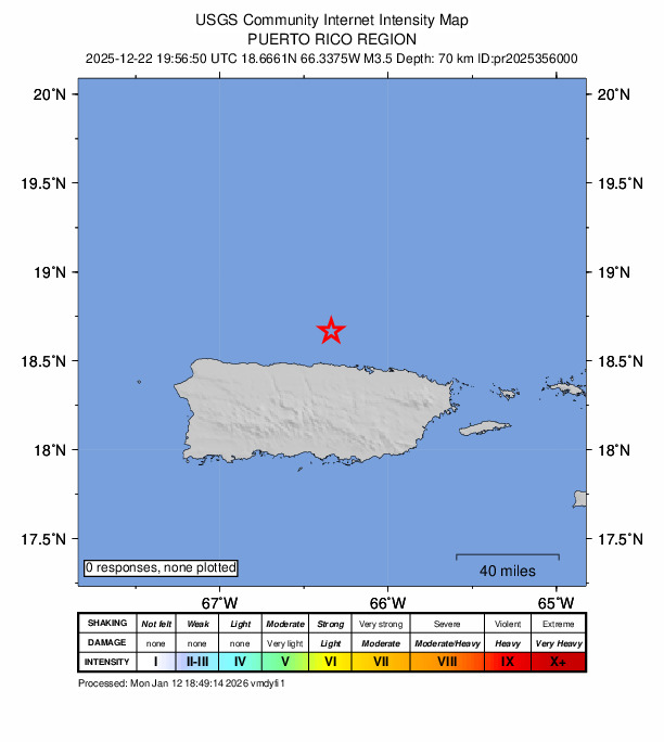 USGS DYFI community-reported intensity map for the M3.5 earthquake near 22 km N of Brenas, Puerto Rico