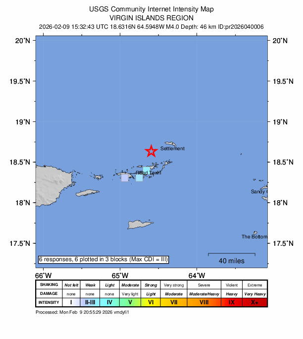 USGS DYFI community-reported intensity map for the M4.0 earthquake near 39 km NNE of Cruz Bay, U.S. Virgin Islands