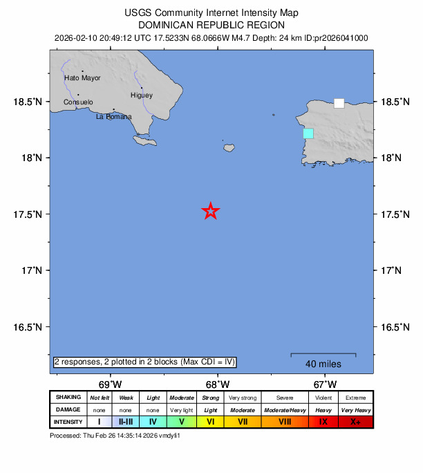 USGS DYFI community-reported intensity map for the M4.7 earthquake near 106 km WSW of Pole Ojea, Puerto Rico