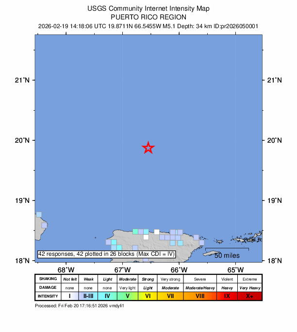USGS DYFI community-reported intensity map for the M5.1 earthquake near 155 km N of Arecibo, Puerto Rico
