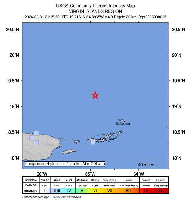 USGS DYFI community-reported intensity map for the M4.9 earthquake near 96 km N of Charlotte Amalie, U.S. Virgin Islands