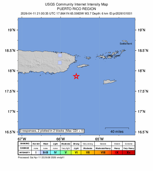 USGS DYFI community-reported intensity map for the M3.7 earthquake near 29 km SSW of Esperanza, Puerto Rico