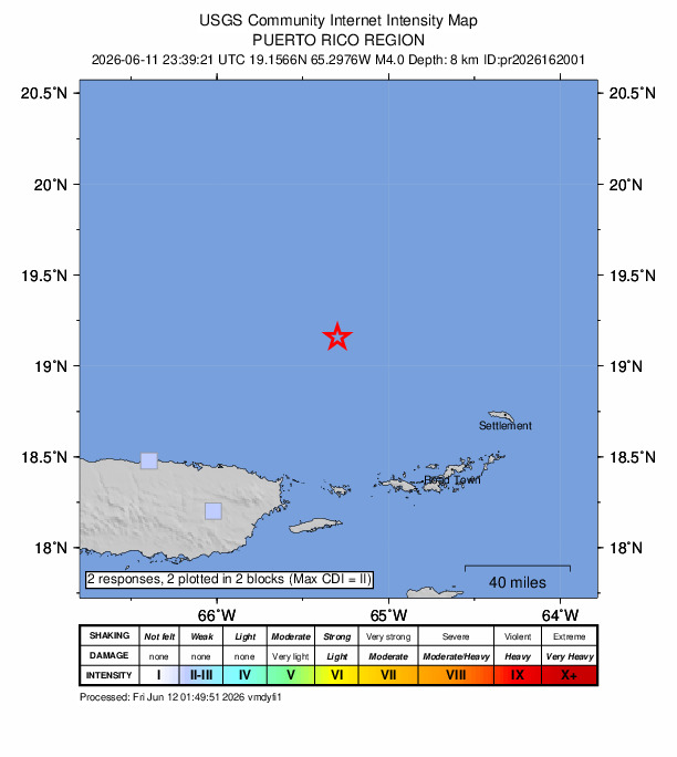 USGS DYFI community-reported intensity map for the M4.0 earthquake near 94 km N of Culebra, Puerto Rico