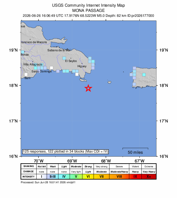 USGS DYFI community-reported intensity map for the M5.0 earthquake near 51 km S of Boca de Yuma, Dominican Republic