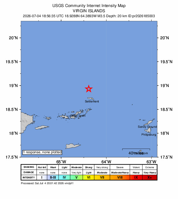 USGS DYFI community-reported intensity map for the M3.5 earthquake near 78 km NNE of Cruz Bay, U.S. Virgin Islands