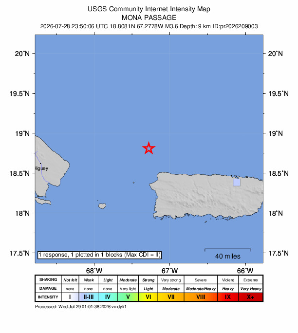 USGS DYFI community-reported intensity map for the M3.6 earthquake near 39 km NNW of San Antonio, Puerto Rico