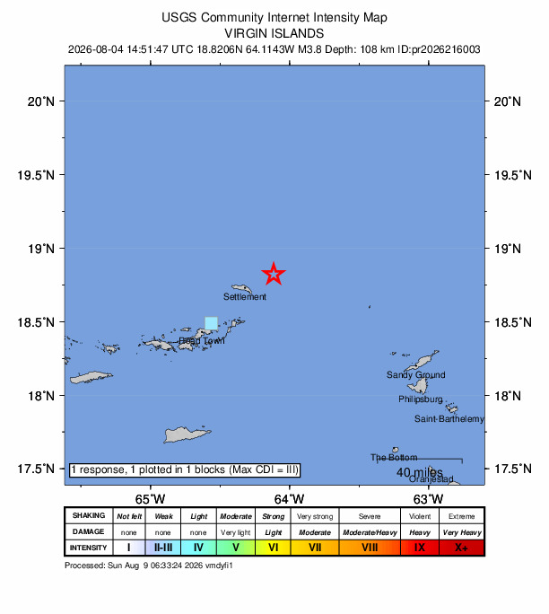 USGS DYFI community-reported intensity map for the M3.8 earthquake near 89 km NE of Cruz Bay, U.S. Virgin Islands
