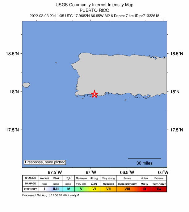USGS DYFI community-reported intensity map for the M2.6 earthquake near 4 km WSW of Fuig, Puerto Rico