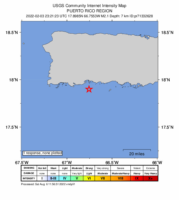 USGS DYFI community-reported intensity map for the M2.1 earthquake near 11 km SSW of Tallaboa, Puerto Rico